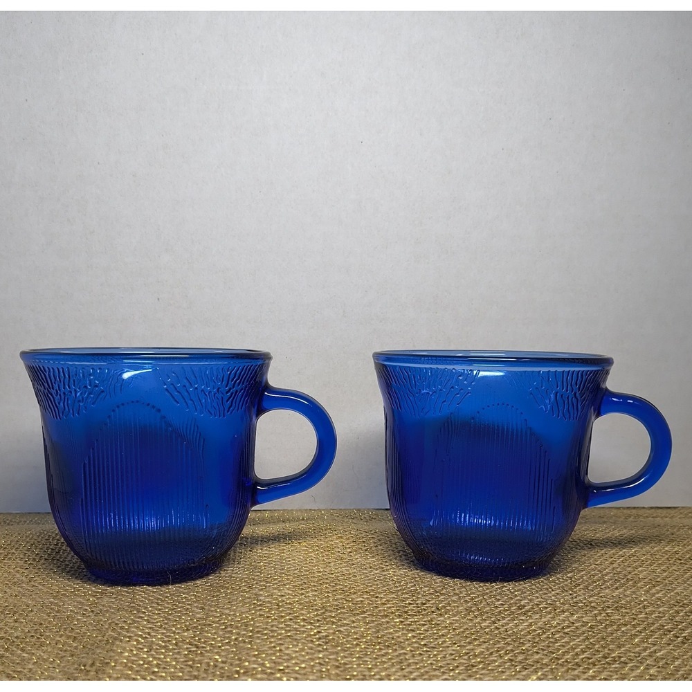 Vintage Cobalt Blue Glass Mug‎ Set Forte Crisa Mexico Sunflower Coffee Tea MCM